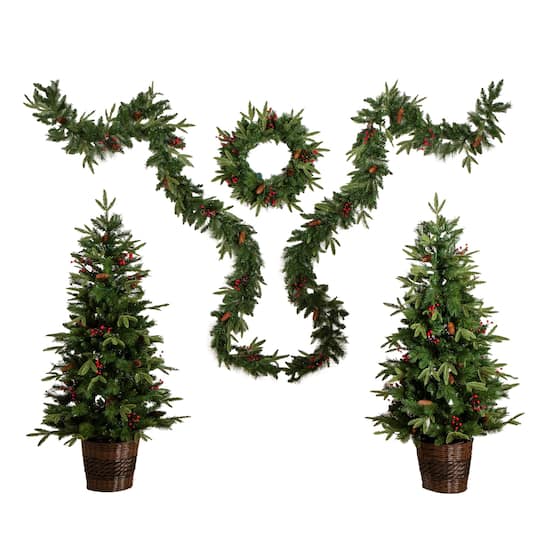 5 Piece Pre-Lit Norfolk Pine Artificial Tree, Garland & Wreath Set W/ Warm White LED Lights & Decorative Pots By Nearly Natural in Green , Michaels®